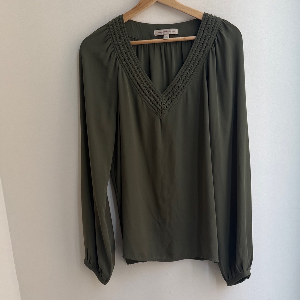 Banana Republic Deep Green Crochet V-Neck Blouse